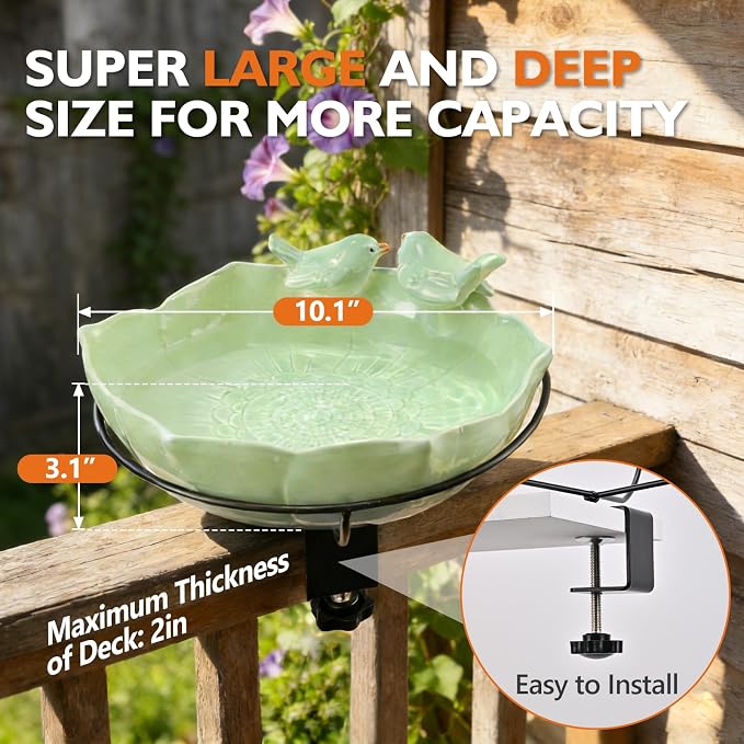 Glazed Ceramic Bird Bath for Deck Railing, 11 Inch Outdoor Bird Feeder Bowl with Adjustable Clamp, Easy Install Balcony/Patio Birdbath for Outside Garden Backyard Decoration, Green