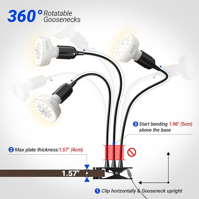 Barrina Orbgrow OG11A3 Clip On Grow Lights for Indoor Plants, Integrated Stepless Dimming & Timing, 4000K 33W(3 x 11W, 300 Watt Equiv), Full Spectrum 3-Gooseneck with E26 Plant Light Bulbs