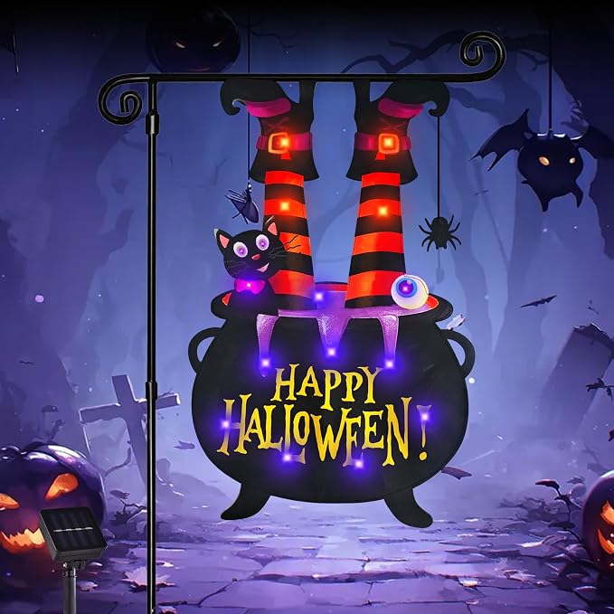 Halloween Lighted Garden Flag for Outside, Led Solar Yard Flag 8 Modes Witch Feet Shape Flag, 12x18 Double Sided Cauldron Eyeball Black Cat Decorations for Home Porch