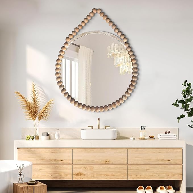 POZINO Wood Round Mirror, 28" Rustic Farmhouse Wall Hanging Mirror with Wooden Beaded Frame, Boho Circle Mirror for Entryway Bathroom Bedroom Living Room Hallway Fireplace