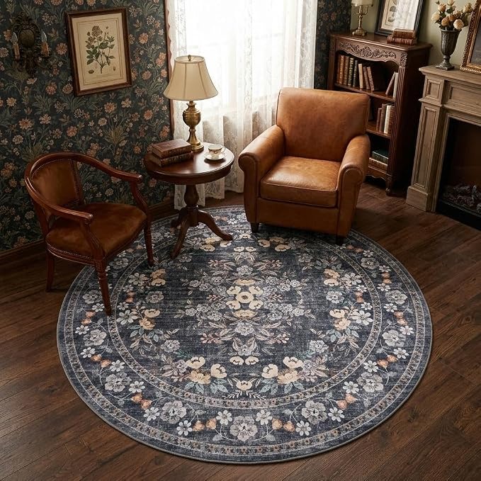 GarveeHome 4ft Round Rug for Living Room Washable Vintage Floral Throw Rug | Leaf Flower Botanical Floor Carpets for Bedroom Vintage Distressed Blue Bordered Area Rug for Dining Room