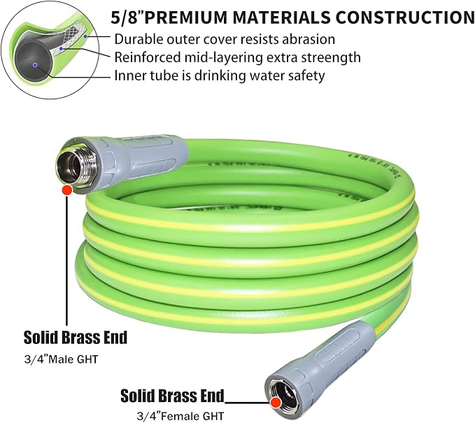 HQMPC Garden Hose 5/8"IDx12' Hose Durable PVC Non Kinking Heavy Water Hose with Brass Hose Fittings (12 FEET) Light Green