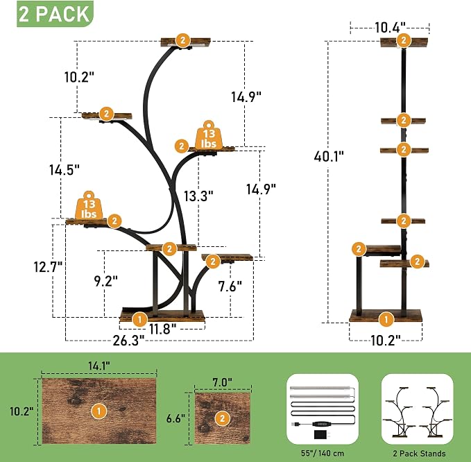 Plant Stand Indoor with Grow Lights - 2 Pack Plant Shelf, 7 Tier Lighted Corner Plant Stands for Indoor Growing, 40" Metal Flower Holder, Tree-Shaped Display Shelves with Adjustable Light, Black