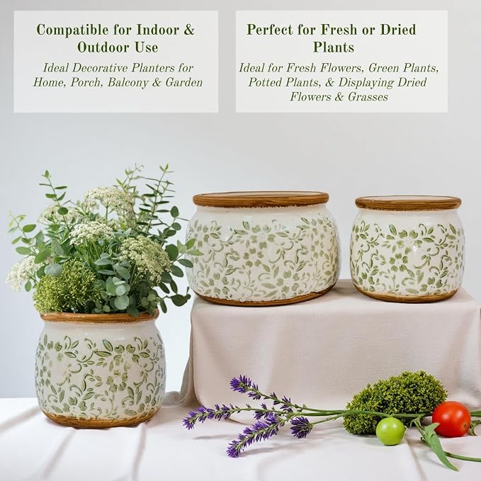 Vintage Ceramic Flower Pot - Indoor Outdoor Planters with Drainage Holes & Filter Screen, 9’’ Large Rustic Farmhouse Decorative Plant Pots for Garden/Patio/Balcony (Green Vines, Large)