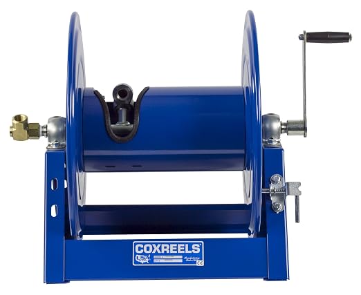 Coxreels 1125-4-100 Hand Crank Steel Hose Reel, 1125 Series - ½" x 100', 3,000 PSI - Heavy Duty All Welded Steel A Frame – Adjustable Tension Break – Made in The USA, Blue