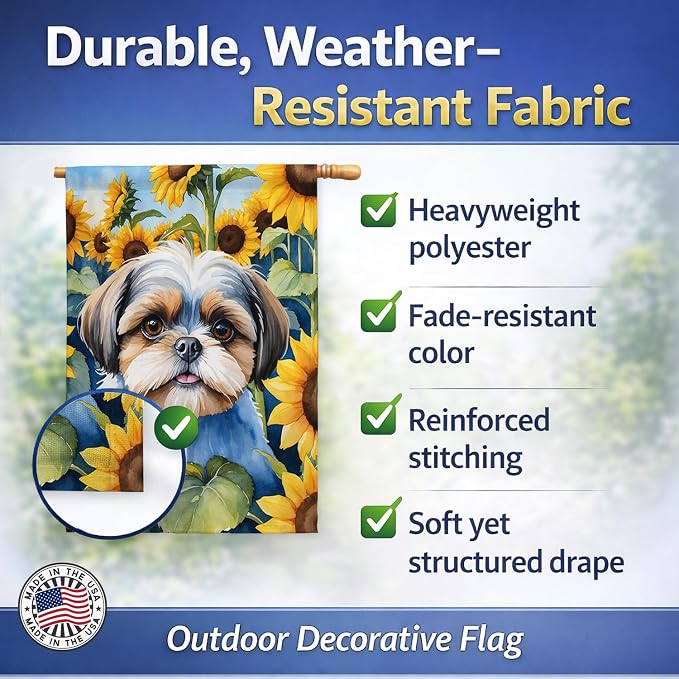 Caroline's Treasures DAC6162CHF Shih Tzu in Sunflowers House Flag Large Porch Sleeve Pole Decorative Outside Yard Banner Artwork Wall Hanging, Polyester, House Size, Multicolor