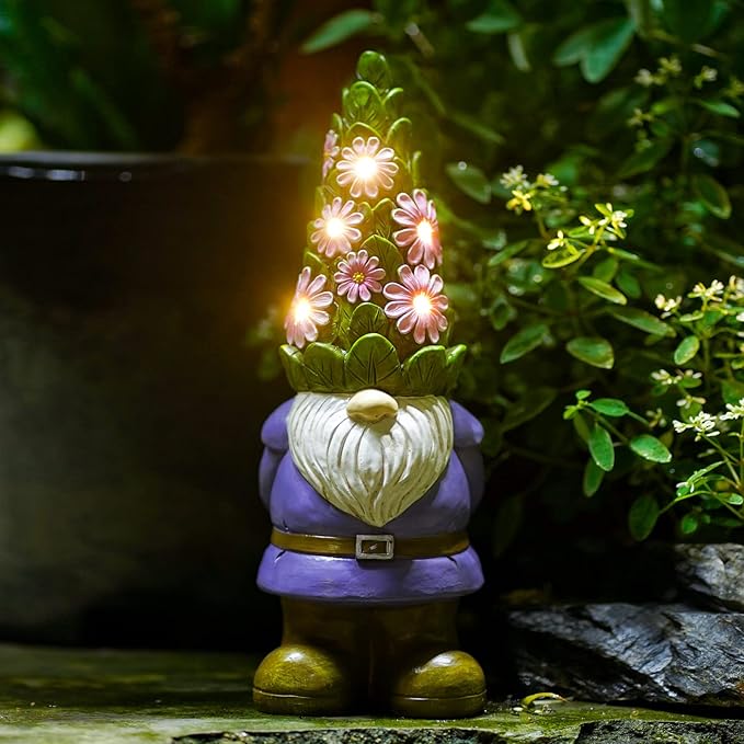 Solar Garden Outdoor Statues Gnome with Succulent | 7 LED Lights, Lawn Decor Statue for Patio, Balcony, Yard Ornament, Gifts for Mom Grandma Women