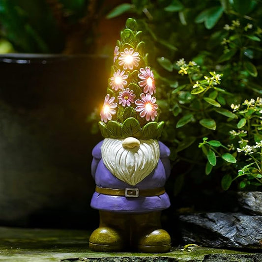 Solar Garden Outdoor Statues Gnome with Succulent | 7 LED Lights, Lawn Decor Statue for Patio, Balcony, Yard Ornament, Gifts for Mom Grandma Women