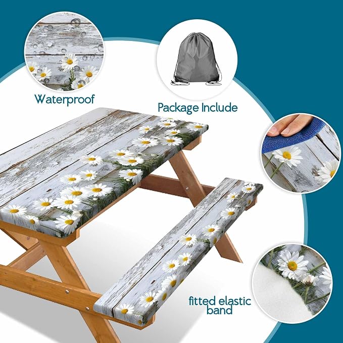 Picnic Table Cover with Bench Cover, Outdoor Patio Camping Essentials Farmhouse Daisy Wooden Table Covers with Elastic Waterproof Camping Tablecloth with Drawstring Bag, 72In 3PCS