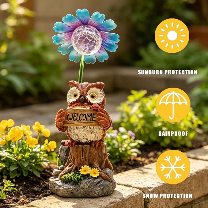 COWOS Solar Powered Owl Garden Statue with Glowing Flower Light, Hand-Painted Resin Figurine for Outdoor Patio, Yard, Lawn Decor, Gift for Nature Lovers