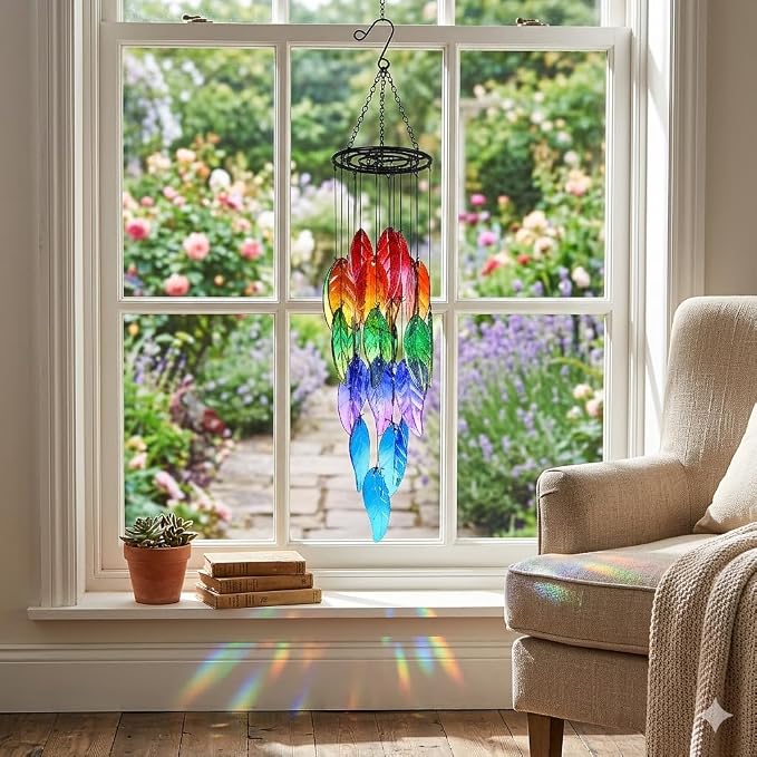 Stained Glass Leaf Wind Chimes - Hand-Painted Glass Leaves Suncatcher for Window, Outdoor Garden Decor, Colorful Leaf Ornaments Hanging Wall Art for Patio, Unique Memorial Gifts for Women & Mom