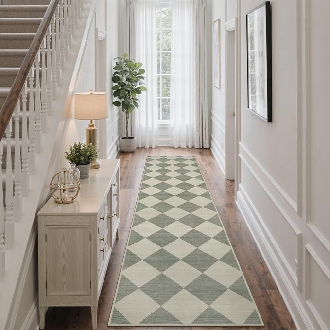 Beeiva Checkered Print Rug Runners for Hallways 2.5x10, Green Kitchen Runner Rugs Non Skid Washable Ultra Thin Faux Wool Long Carpet for Hallway, Checkerboard Neutral Floor Carpet for Kitchen Decor