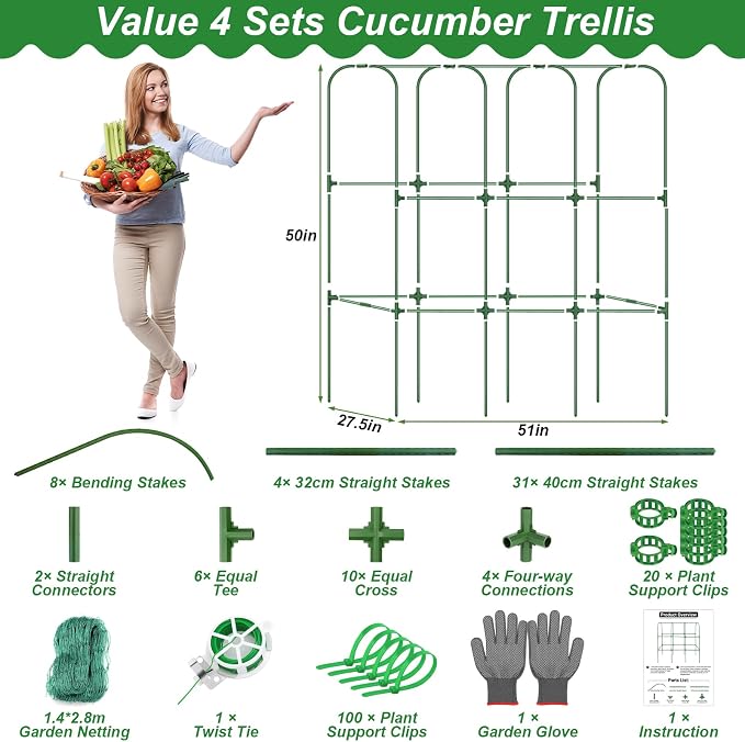 Cucumber Trellis for Raised Bed 51 x 50 Inch U-Shape Garden Trellis for Climbing Plants Outdoors Metal Garden Cucumbers Arch Trellis, Cucumber Plant Support for Tomato, Pea, Zucchini, Vine Flower