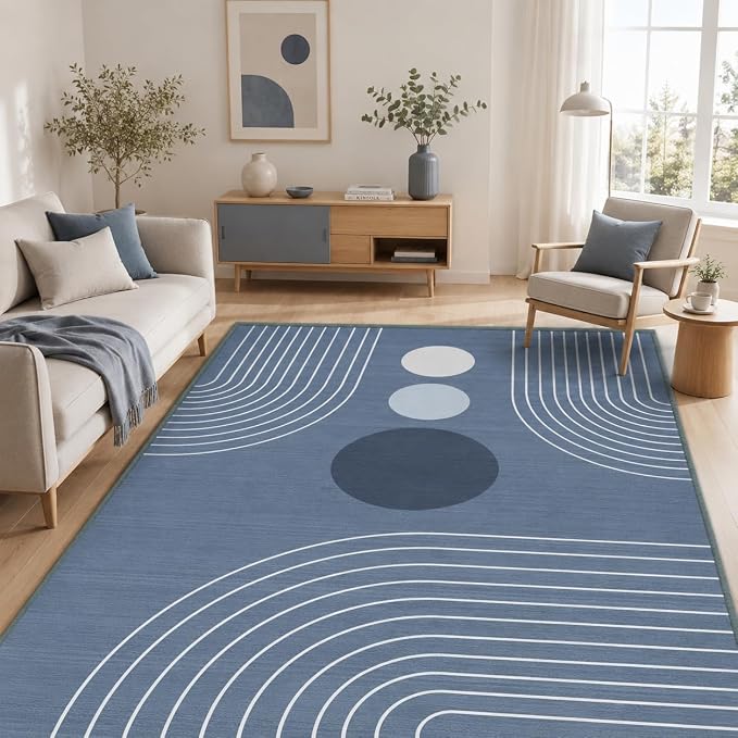 Boho Rug 4x6 Modern Geometric Minimalist Abstract Area Rug for Living Room Dusty Blue Mid Century Modern Contemporary Machine Washable Non-Slip Printed Low-Pile Carpet Dining Room Bedroom Office