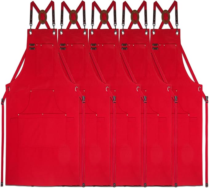 5 Pack Kitchen Apron, Work Apron, Canvas Apron, Red | Multiple Pockets, Gardening, Painting, BBQ, Artist, Carpenter, Sizes M to XXL