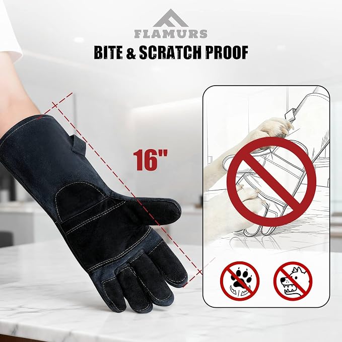 16-Inch Leather Firewood Gloves - Double Layer Full Lining with Fireproof Thread Stitching - for Smokeless Fire Pit Outdoor Cooking, Welding, Bite & Scratch Proof Against Pets - Black, G0301