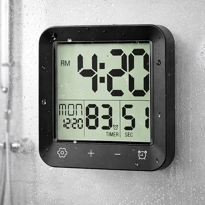 Shower Clock Waterproof, Bathroom Digital Clock with Timer, LCD Display, Touch Screen, Suction Cup, Temp, Seconds, Hanging, Hole Stand, Digital Wall Clocks Battery Operated for Kids and Adults