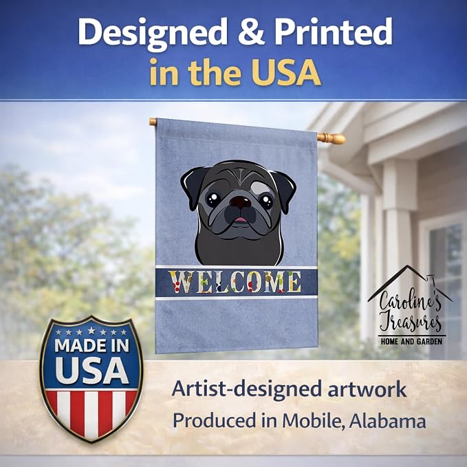 Caroline's Treasures BB1449CHF Black Pug Welcome House Flag, Blue Large Porch Sleeve Pole Decorative Outside Yard Banner Artwork Wall Hanging, Polyester, House Size, Multicolor