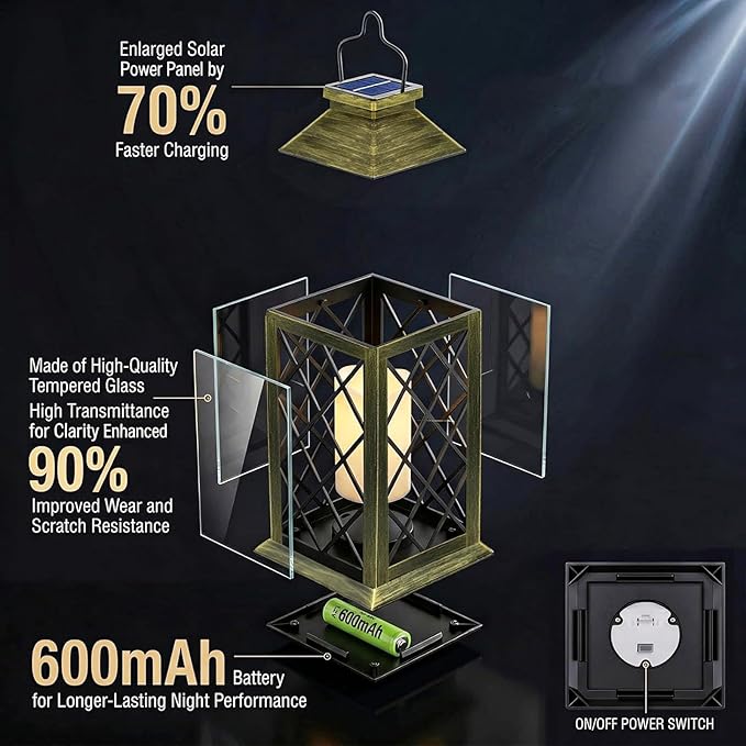 Yowin Solar Lanterns Outdoor Waterproof 14" Large Tempered Glass Solar Hanging Lantern for Outside with Flickering Candle, Mother's Gift Ideas, Wall Lamp for Garden Patio Vintage Decorations - Bronze