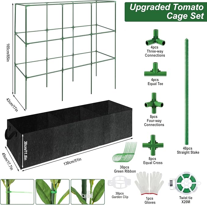 51x17x65Inch Tomato Cage for Garden - with 46 Gallon Grow Bags | Tomato Trellis for Raised Bed, Squar Garden Trellis for Climbing Plants Outdoor, for Cucumber, Vegetable, Pea, Grape, Vine