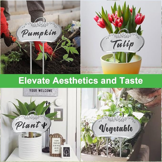 50 Packs Metal Plant Labels, Tall Outdoor Garden Markers for Flowers, Fruits and Vegetables, 304 Stainless Steel Weatherproof Signs (4" x 1.9", Silver)