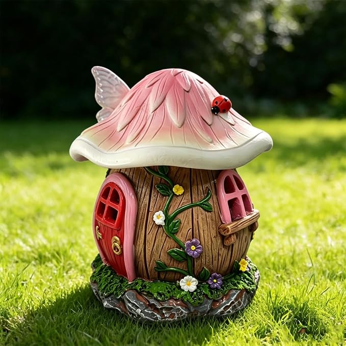 Mushroom Fairy Garden House Statue Outdoor Figurine with Solar Light,Garden Fairy House Decor,Fairy Cottage Ornaments,for Patio Yard Balcony Decoration,Gifts for Mom & Women