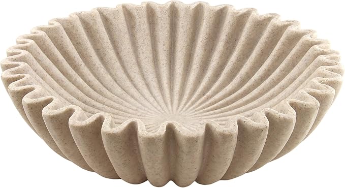10'' Large Ruffle Decorative Fruit Bowl for Entryway Coffee Table Scalloped Purse Key Holder Kitchen Countertop Console Modern Organic Home Decor, Artificial Stone Beige