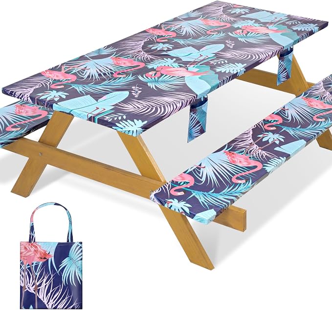 Fitted Waterproof Picnic Table Cover with Bench Covers Heavy Duty Elastic Outdoor Camping Tablecloth for 6 Foot Rectangle Tables Summer Rv Accessories Patio Garden Road Trip Essentials Gifts