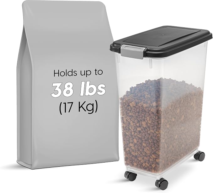 IRIS USA Airtight Dog Food Storage Container, Up to 38 lbs, Attachable Wheels, For Dog Cat Bird and Other Pet Food Storage Bin, Keep Fresh, Translucent Body, Easy Mobility, Black