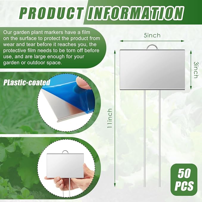 Landhoow 50 Pcs Large Garden Plant Markers Metal Plant Labels Sign 5'' x 3'' with 11'' Stake Weatherproof Waterproof Garden Sign for Outdoor Seedlings Herbs Vegetable Greenhouse, Silver