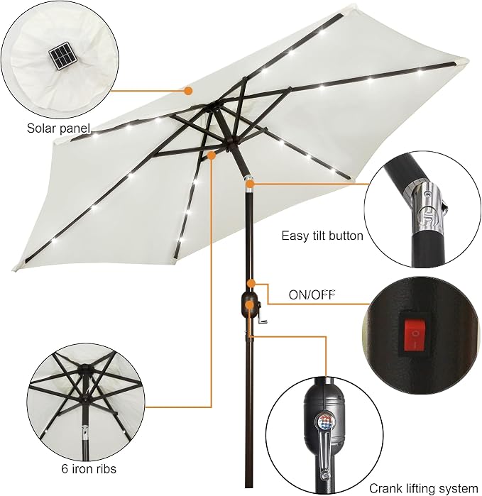 Blissun 7.5 ft Solar Umbrella, 18 LED Lighted Patio Umbrella, Table Market Umbrella