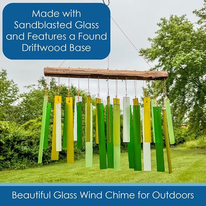 Blue Handworks Spring Colors Glass and Driftwood Chime - Sandblasted Glass and Found Wood Hand Crafted Wind Chime | Sandblasted Glass and Found Wood Hand Crafted Wind Chime