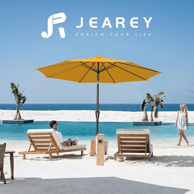 JEAREY Outdoor Patio Umbrella 9FT Outdoor Table Umbrella with Push Button Tilt and Crank, Market Umbrellas 8 Sturdy Ribs UV Protection Waterproof for Garden, Deck, Pool (Bright Orange)