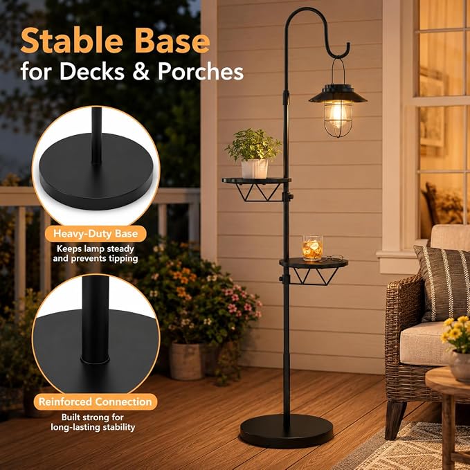 Candieslife 61" H Solar Lights Outdoor with Plant Stands - Metal Shepherd Hook Lantern, Waterproof Floor Lamp with Heavy Base for Patio Porch Deck Yard Garden Decor