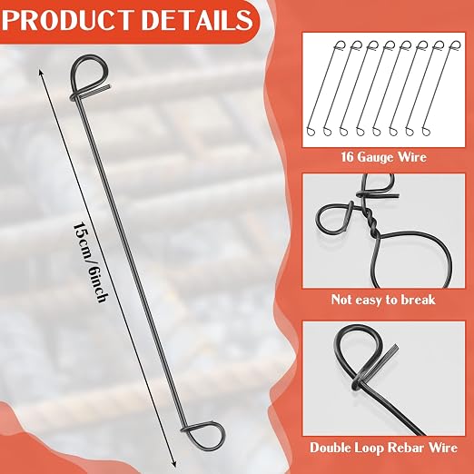 1000 Pcs 16 Gauge Rebar Tie Wire 6 Inch Black Double Loop Annealed Steel Wire Ties for Concrete Construction Masonry DIY Projects