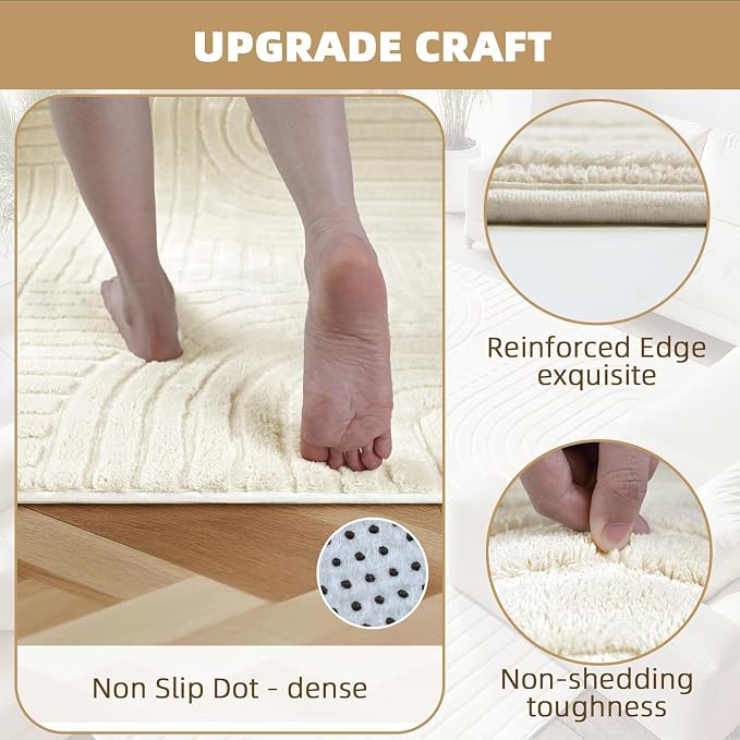 Beige 8x10 Solid Color Area Rug,Washable Rugs for Living Room Bedroom | Soft Plush Thick High-Low Pile Carpet, Fluffy, Non-Slip Modern Geometric Rugs for Bedside, Kids Room, Nursery, Home Office
