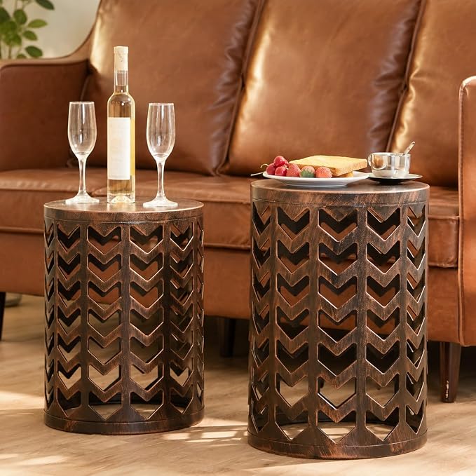 Y&M Outdoor Side Tables Set of 3, Round Heavy Duty Metal Nesting End Tables, Stacking Patio Accent Tables for Outside, Balcony, Garden, Porch, Indoor & Outdoor, Black with Bronze