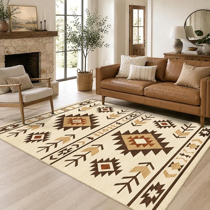 Western Area Rug 3x5 for Living Room Bedroom, Southwestern Aztec Tribal Area Rugs Southwest Navajo Machine Washable Rug Non-Slip Printed Low-Pile Floor Carpet for Kitchen Bathroom, Camel