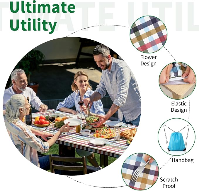 Picnic Table and Bench Cover, Camping Essentials RV Gear, 72in Waterproof Windproof Outdoor Elastic All Around Tablecloth