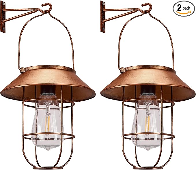 Livinlarge Solar Lanterns Outdoor Waterproof,Hanging Solar Lights for Outside with Wall Hooks Windproof Hook,Retro Metal Outdoor Lanterns Auto On/Off for Porch,Patio,Garden,Yard Decor 2 Pack（Bronze）