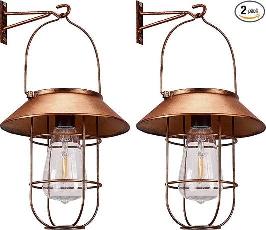Livinlarge Solar Lanterns Outdoor Waterproof,Hanging Solar Lights for Outside with Wall Hooks Windproof Hook,Retro Metal Outdoor Lanterns Auto On/Off for Porch,Patio,Garden,Yard Decor 2 Pack（Bronze）