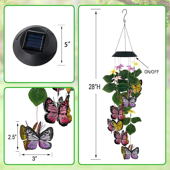 Solar Wind Chimes Outdoor,Colorful Butterfly with Color Changing LED Dangler Mobiles for Outside,Hanging Decoraition for Patio,Porch,Yard,Gifts for Women