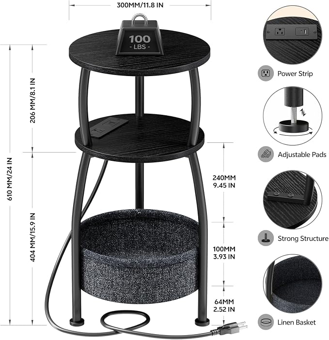 Round Side Table with Power Outlets, Small Coffee Table with S Basket, Space Saving End Table 3-Tier Bedside Corner Table Stand for Living Room, Bedroom, Garden 11.8in Classic Black