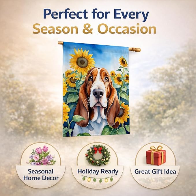 Caroline's Treasures DAC6018CHF Basset Hound in Sunflowers House Flag Large Porch Sleeve Pole Decorative Outside Yard Banner Artwork Wall Hanging, Polyester, House Size, Multicolor