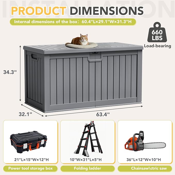 240 Gallon HDPE Deck Box Outdoor Indoor Waterproof Storage Box for Patio Furniture, Pool Accessories, Garden Tools, and Cushion Storage, Gray