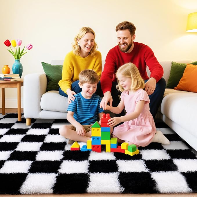 Black and White Checkered Rugs for Bedroom, 4x6 Ultra Fluffy Fuzzy Shag Area Rug for Living Room, Modern Plush Soft Upgrade Non-Slip Carpet for Kids Girls and Boys Room Dorm Nursery Home Decor