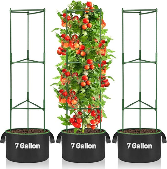 ANPHSIN Sturdy Triangle Tomato Cage with Movable 7 Gal Grow Bags - 3 Sets 47'' Plants Garden Trellis Planters, Support for Indoor Outdoor Beans, Peppers, Eggplants, Climbing Vegetables