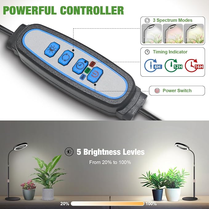 Garpsen Grow Lights for Indoor Plants, 80 LEDs Full Spectrum Desk Plant Light with Timer for 6H/12H/16H, 5 Dimmable Levels & Flexible Gooseneck 6000K Grow Lamp with Base, Height Adjustable 16.5-25"