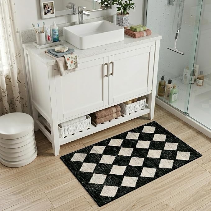 Lahome Zelie Moroccan Trellis Area Rug, 2x3 Small Black Checkered Entryway Rug Non Slip Kitchen Mat, Stain Resistance Indoor Modern Floor Soft Throw Carpet for Front Door Bathroom Sink Bedroom