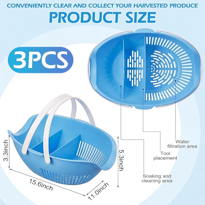 Nuogo 3 Pcs Garden Harvest Basket Removable Partitions with Tool Caddy for Collecting Carrying and Cleaning Harvesting Basket Doubles Colander for Vegetables and Fruits Garden Accessories(Blue)